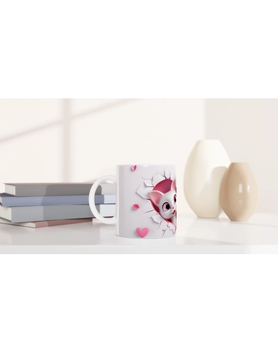 Kalp Şeklindeki Çatlak Duvarın Ardından Bakan Tatlı Kediler Temalı Baskılı Kupa Bardak