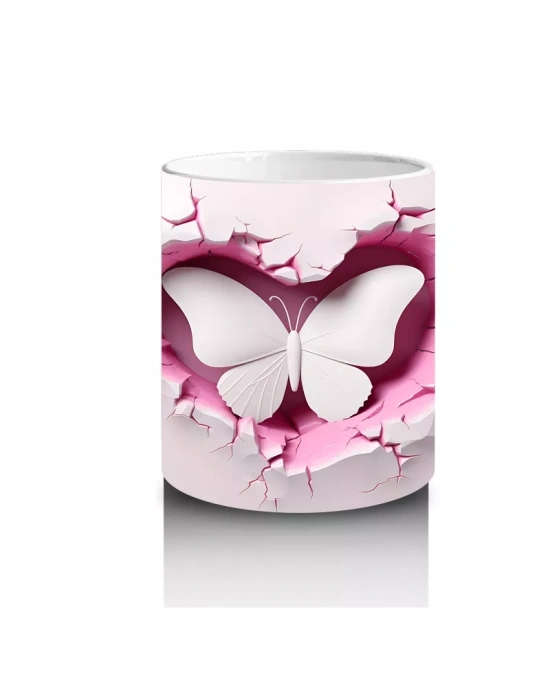 Kalp Şeklindeki Çatlak Zeminden Uçan Beyaz Kelebek - Baskılı kahve kupası