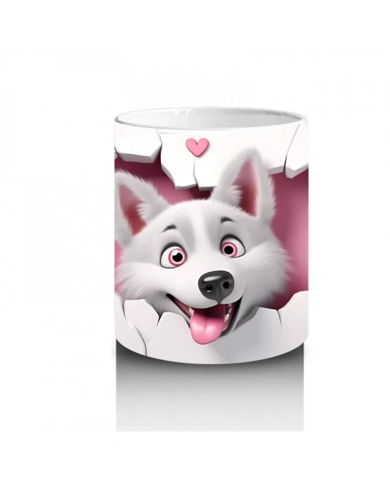 Kalp Şeklindeki Çatlakta Bakan Sevimli Kurt – Baskılı Kahve Kupası