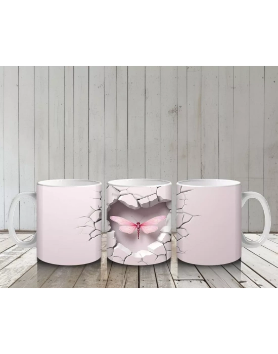 Kalp Şeklindeki Çatlakta Pembe Yusufçuk Silueti – Baskılı Kahve Kupası