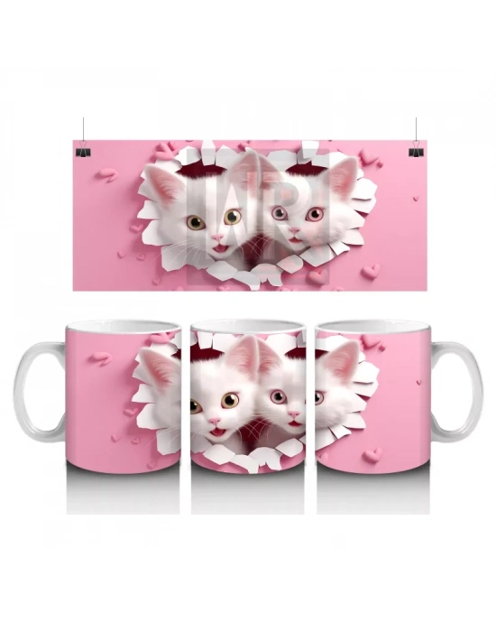 Kalp Şeklindeki Çatlaktan Bakan İkiz Kediler – Baskılı Kahve Kupası