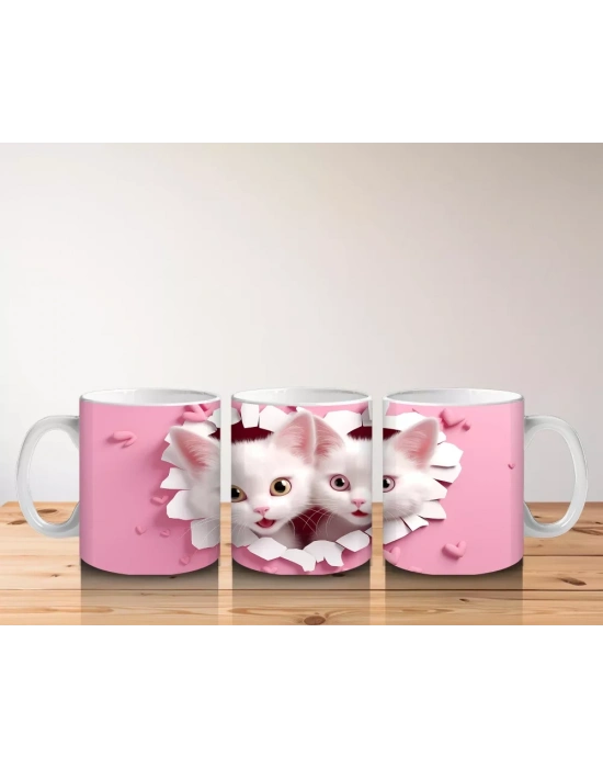 Kalp Şeklindeki Çatlaktan Bakan İkiz Kediler – Baskılı Kahve Kupası