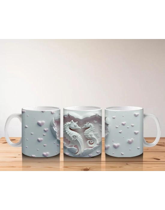 Kalp Şeklindeki Oyukta İkili Denizatı Kabartma Deseni - Baskılı kahve kupası