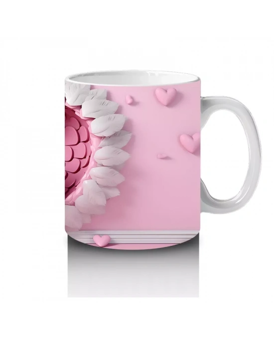 Kalp Şeklindeki Pembe Tüylerin İçinden Bakan Kuş – Baskılı Kahve Kupası