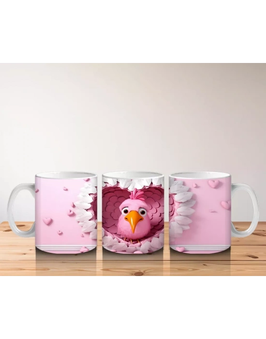 Kalp Şeklindeki Pembe Tüylerin İçinden Bakan Kuş – Baskılı Kahve Kupası