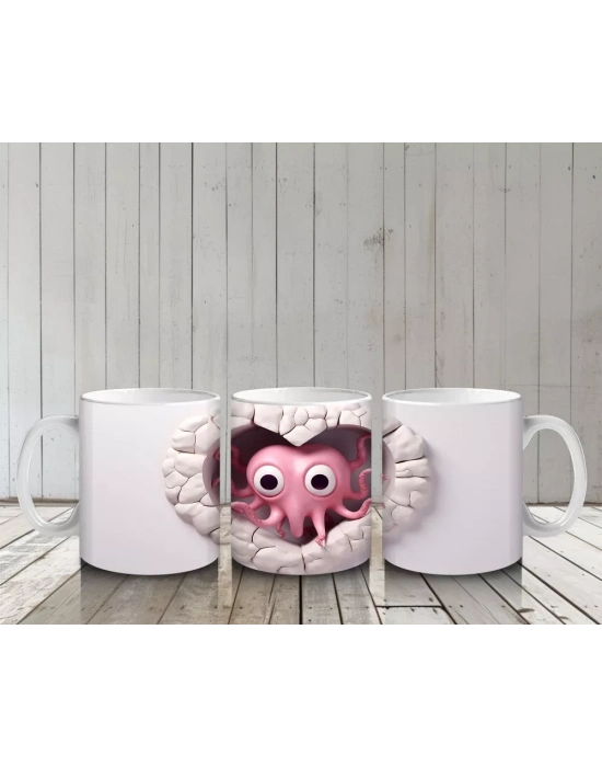 Kalp Şeklindeki Yumuşak Çerçevede Pembe Ahtapot – Baskılı Kahve Kupası