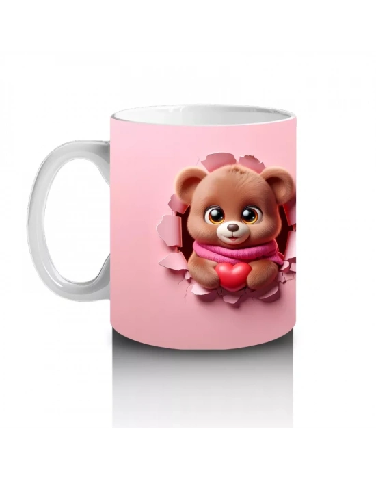 Kalp Tutan Ayıcık Maskot ve Arka Görünümü – Baskılı Kahve Kupası