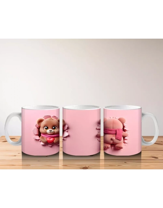 Kalp Tutan Ayıcık Maskot ve Arka Görünümü – Baskılı Kahve Kupası