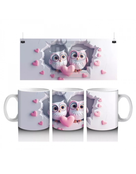 Kalp Tutan İki Sevimli Baykuş – Baskılı Kahve Kupası