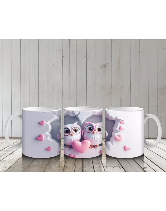 Kalp Tutan İki Sevimli Baykuş – Baskılı Kahve Kupası