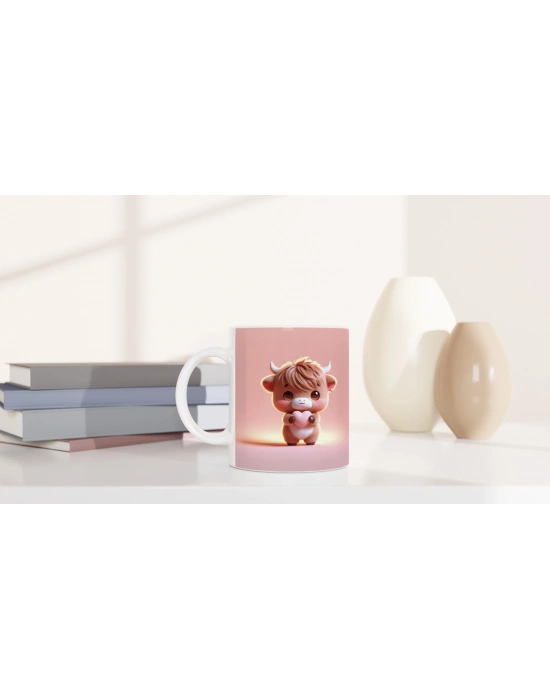 Kalp Tutan Sevimli Buzağı Temalı Baskılı Kupa Bardak