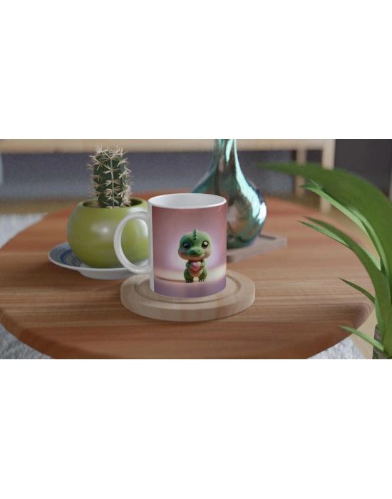 Kalp Tutan Sevimli Dinozor Temalı Baskılı Kupa Bardak