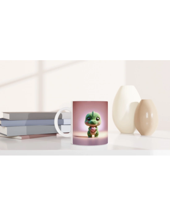 Kalp Tutan Sevimli Dinozor Temalı Baskılı Kupa Bardak