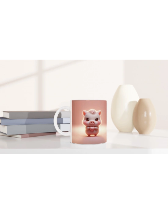 Kalp Tutan Sevimli Domuzcuk Temalı Baskılı Kupa Bardak