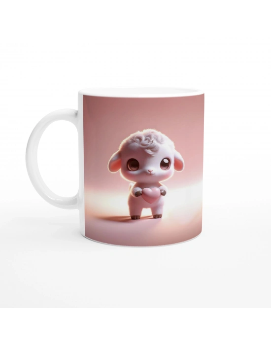 Kalp Tutan Sevimli Kuzu Temalı Baskılı Kupa Bardak