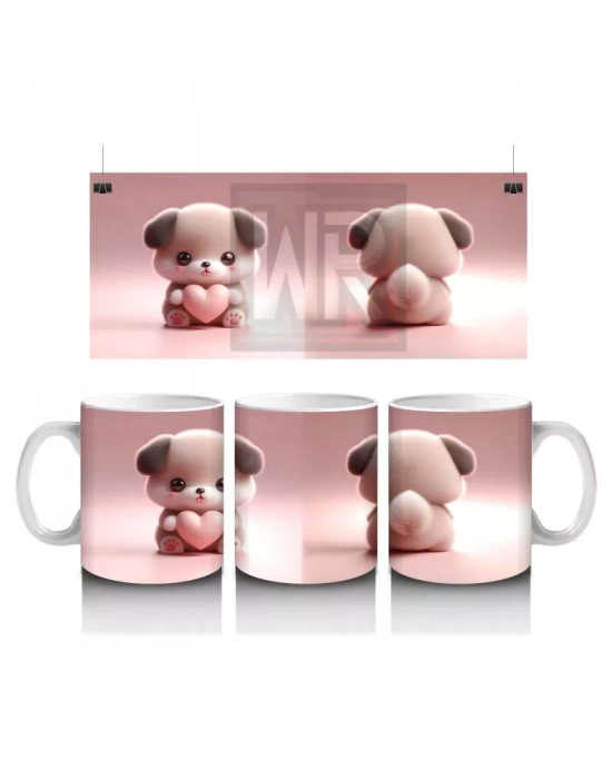 Kalp Tutan Sevimli Peluş Köpek Figürü - Baskılı kahve kupası