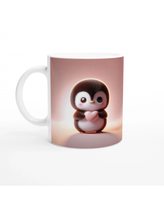 Kalp Tutan Sevimli Penguen Temalı Baskılı Kupa Bardak