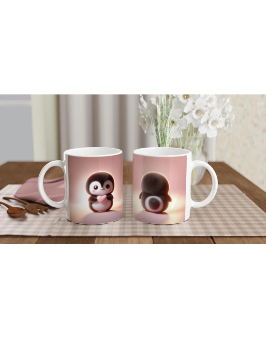 Kalp Tutan Sevimli Penguen Temalı Baskılı Kupa Bardak