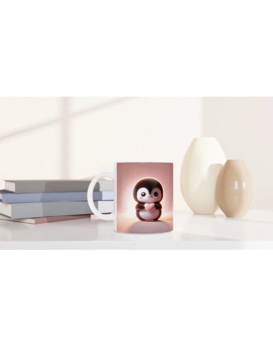 Kalp Tutan Sevimli Penguen Temalı Baskılı Kupa Bardak