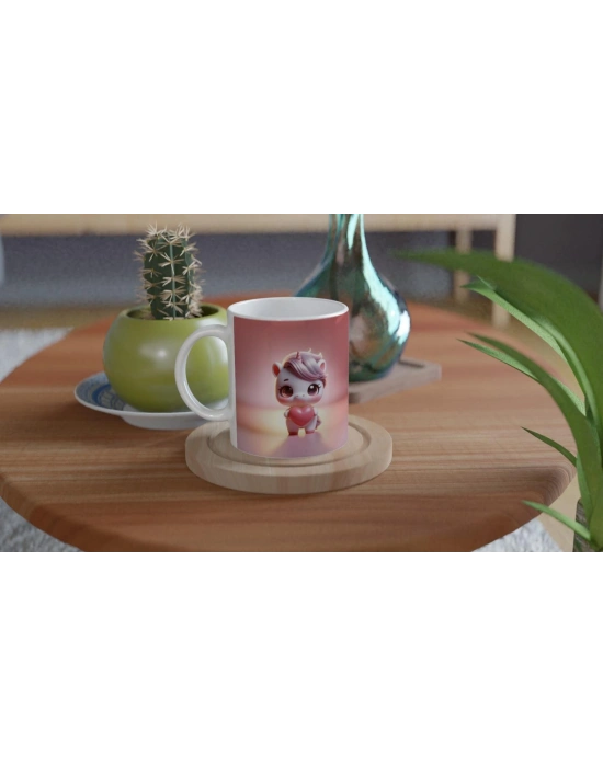 Kalp Tutan Sevimli Unicorn Temalı Baskılı Kupa Bardak