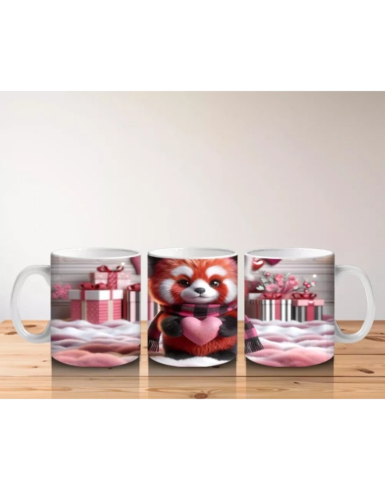 Kalp Tutarken Gülümseyen Kırmızı Panda – Baskılı Kahve Kupası