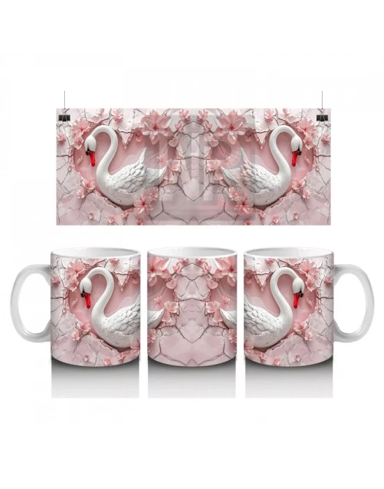 Kalp Yağmuru Altında Aşık Kuğular – Baskılı Kahve Kupası