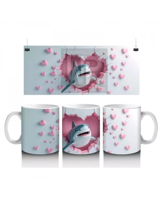 Kalp Yağmuru Altında Gülümseyen Köpek Balığı – Baskılı Kahve Kupası