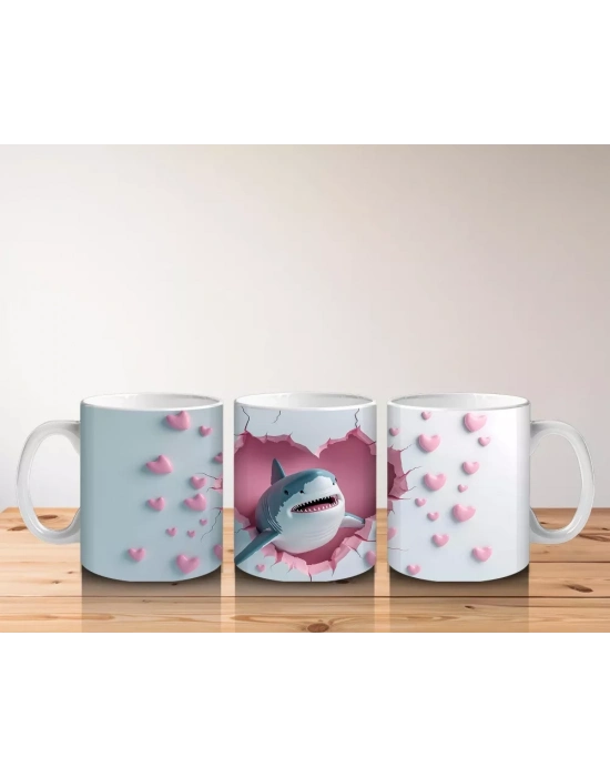 Kalp Yağmuru Altında Gülümseyen Köpek Balığı – Baskılı Kahve Kupası