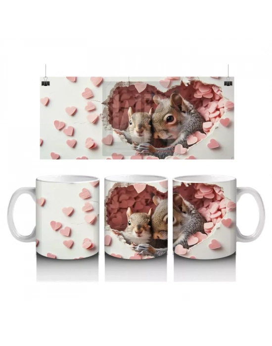 Kalp Yağmuru Altında Sevimli Sincap Ailesi– Baskılı Kahve Kupası
