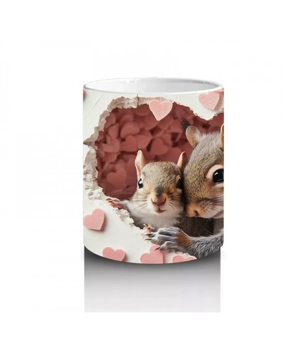 Kalp Yağmuru Altında Sevimli Sincap Ailesi– Baskılı Kahve Kupası