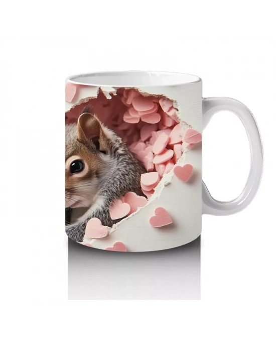 Kalp Yağmuru Altında Sevimli Sincap Ailesi– Baskılı Kahve Kupası