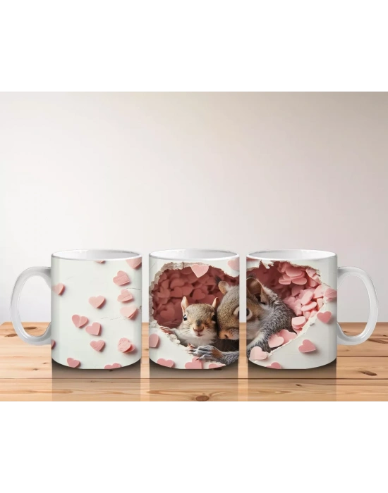 Kalp Yağmuru Altında Sevimli Sincap Ailesi– Baskılı Kahve Kupası
