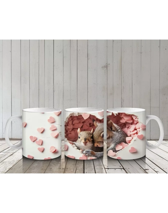 Kalp Yağmuru Altında Sevimli Sincap Ailesi– Baskılı Kahve Kupası