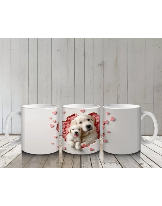 Kalp Yağmuru Altında Tatlı Yavru Köpek – Baskılı Kahve Kupası