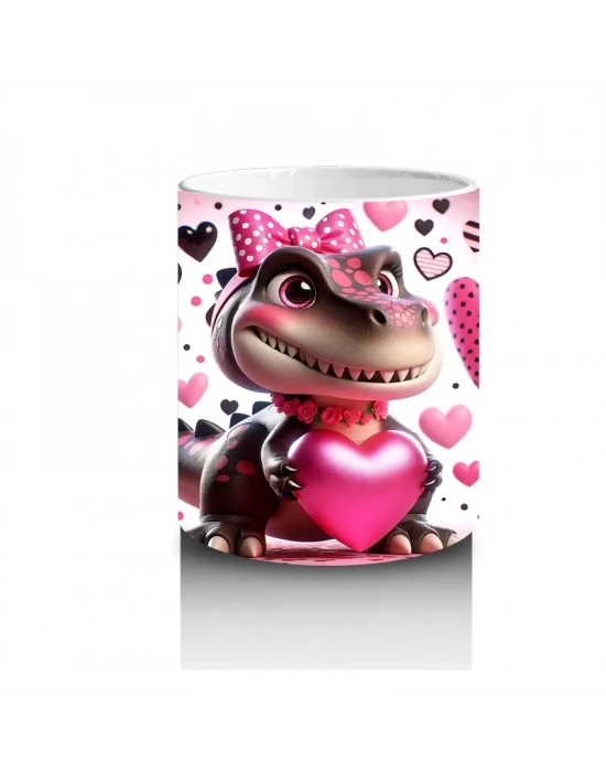Kalpler ve Hediyelerle Süslenmiş Pembe Dinozor Tasarımı - Baskılı kahve kupası
