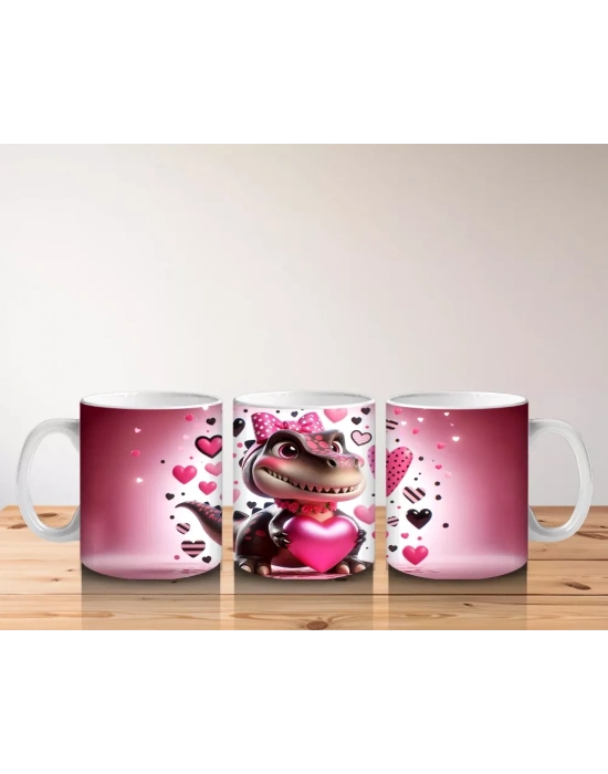 Kalpler ve Hediyelerle Süslenmiş Pembe Dinozor Tasarımı - Baskılı kahve kupası