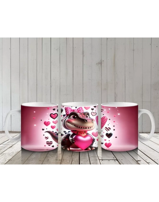 Kalpler ve Hediyelerle Süslenmiş Pembe Dinozor Tasarımı - Baskılı kahve kupası