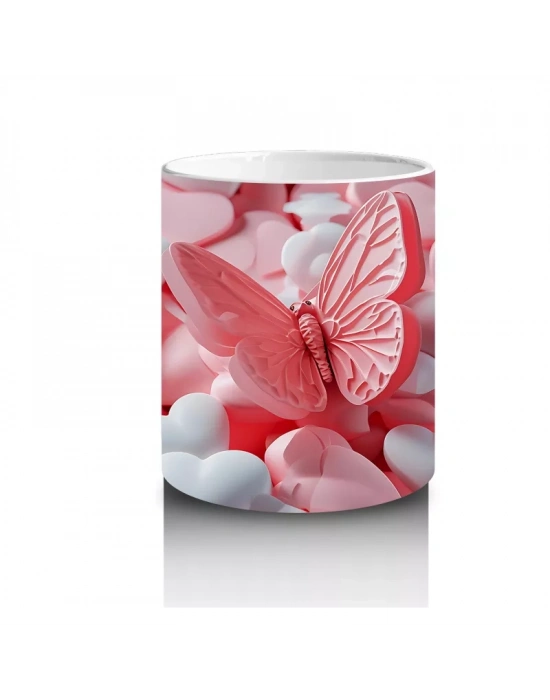 Kalplerin Arasında Uçan Şeffaf Kanatlı Kelebek – Baskılı Kahve Kupası