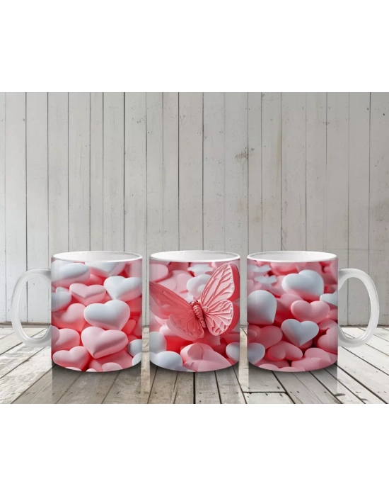 Kalplerin Arasında Uçan Şeffaf Kanatlı Kelebek – Baskılı Kahve Kupası