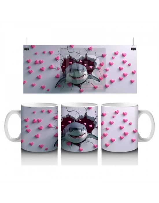 Kalplerle Çevrili Çatlak Zeminden Fırlayan Gülümseyen Köpekbalığı - Baskılı kahve kupası