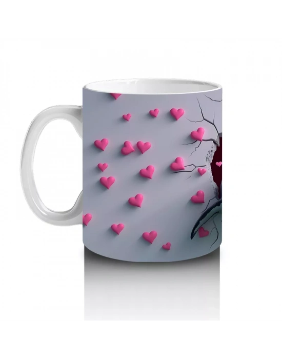 Kalplerle Çevrili Çatlak Zeminden Fırlayan Gülümseyen Köpekbalığı - Baskılı kahve kupası