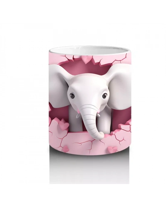 Kalplerle Süslenmiş Çatlak Zeminden Bakan Fil Tasarımı - Baskılı kahve kupası