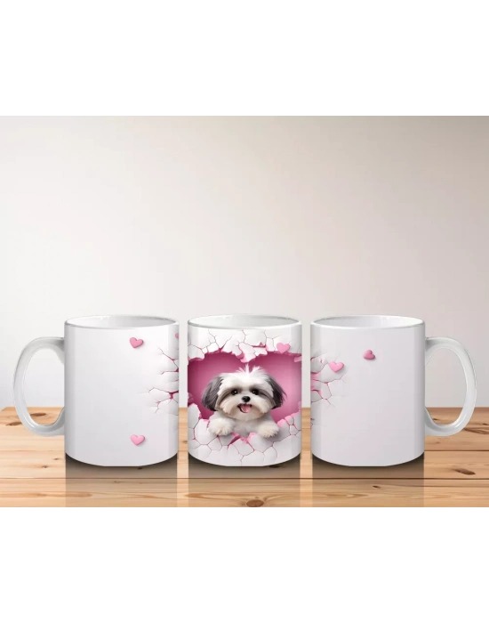 Kalplerle Süslenmiş Çatlakta Bembeyaz Köpek – Baskılı Kahve Kupası