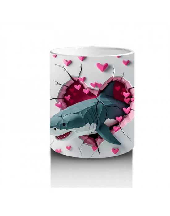 Kalplerle Süslenmiş Duvar Arasında Mavi Köpekbalığı - Baskılı kahve kupası