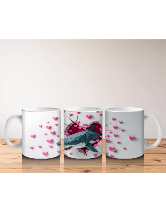 Kalplerle Süslenmiş Duvar Arasında Mavi Köpekbalığı - Baskılı kahve kupası