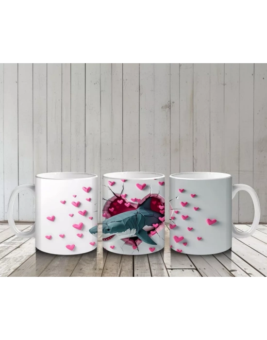 Kalplerle Süslenmiş Duvar Arasında Mavi Köpekbalığı - Baskılı kahve kupası