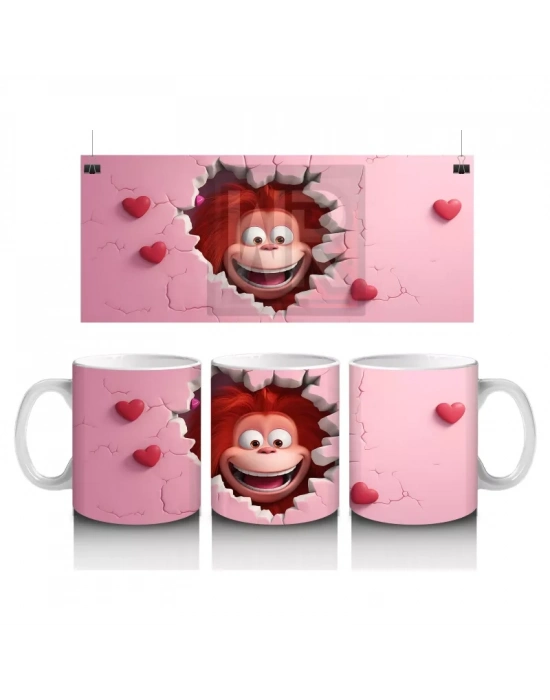 Kalplerle Süslenmiş Duvarı Delen Maymun – Baskılı Kahve Kupası