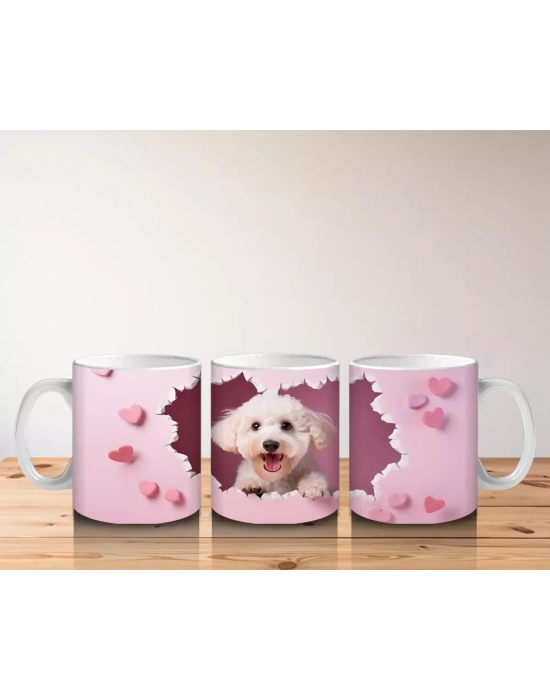 Kalplerle Süslenmiş Neşeli Köpek – Baskılı Kahve Kupası