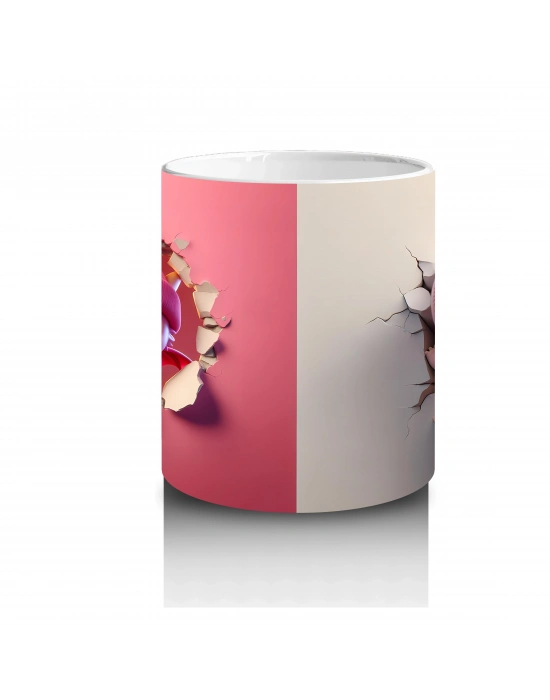 Kalplerle Süslenmiş Pembe Bere Takan Dinozor Yavrusu (Çift Görünüm) - Baskılı kahve kupası