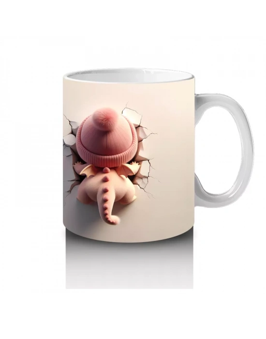 Kalplerle Süslenmiş Pembe Bere Takan Dinozor Yavrusu (Çift Görünüm) - Baskılı kahve kupası